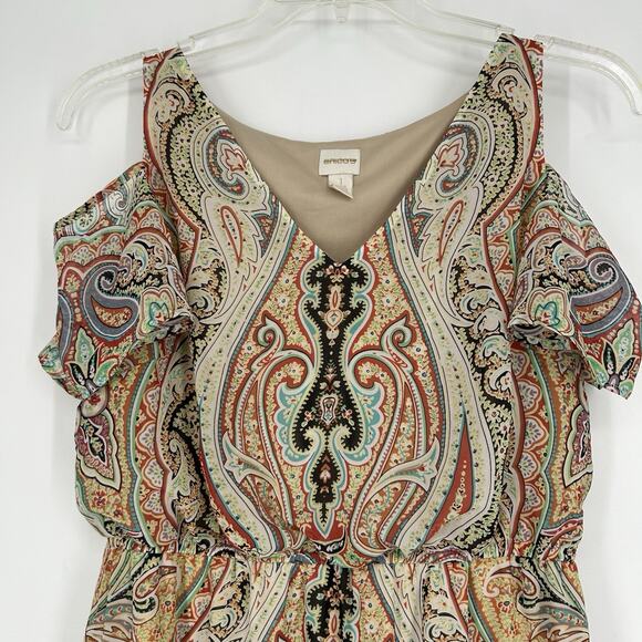 Chicos 1 Size M Boho Maxi Dress Cold Shoulders Beige Paisley Whimsical Colorful - Picture 2 of 11